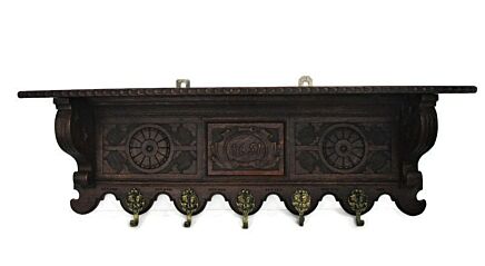 Antique Hand Carved Wood Oak Wall Shelf Coat Kitchen Rack Breughel Style WOW