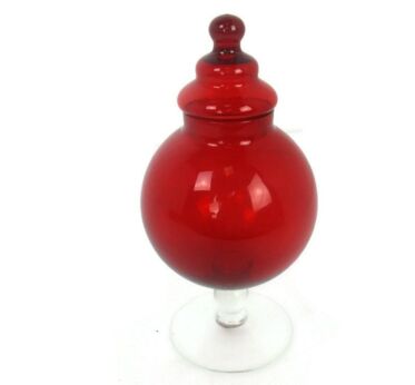 Vintage Goblet Apothecary Jar Lidded  Art Glass  Red Clear Gorgeous