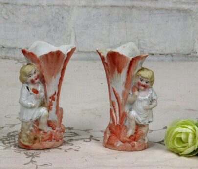 Lovely Small couple Porcelain Fan Flair Bridal Vases Boy Girl Figurine Pink