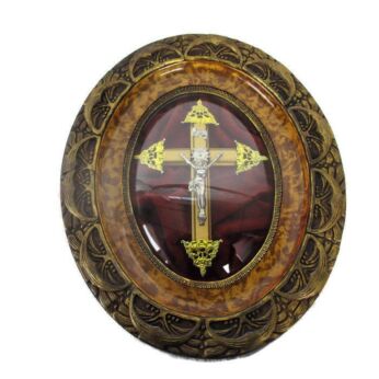 Antique Oval Ornate Wood Plaster Frame Red Velvet Convex Glass Dome Crucifix