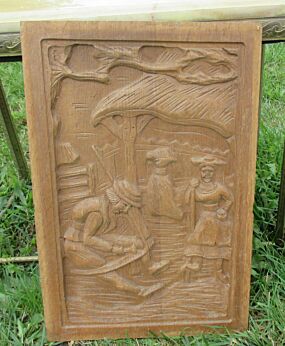Vintage Carved Wooden Wall Panel Breughel Style Decorative Man and woman Working