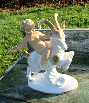 Bavaria German Figurine Porcelain Cherub Angel Putti on Goat Meissen Style