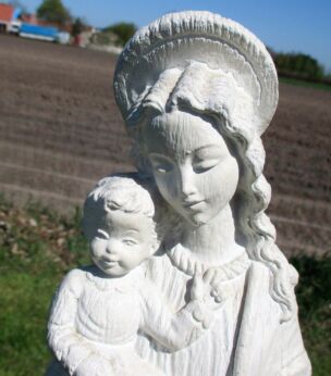 Art Deco Virgin Mary Madonna Child Plaster Statuette White Paint Signed Merlini