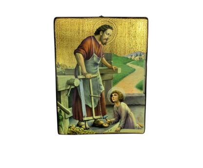 Wooden Traveling Icon Young Jesus Christ Carpenter Saint Joseph Rare Scene Print on wood Gold Paint layer
