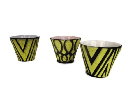 Set of 3 West Germany Vintage Mid century modern Planters flower pots Ceramic Abstract Yellow Black