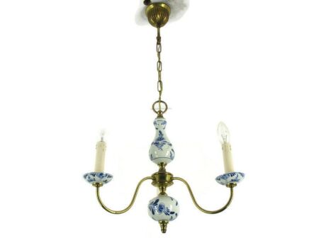 Dutch Delft PolychromePorcelain Ornate Brass Chandelier 3 Arm Lights Country Small