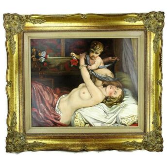 Large Oil Painting Old Cherub Ornate Wood Plaster Frame Signed Verschueren
