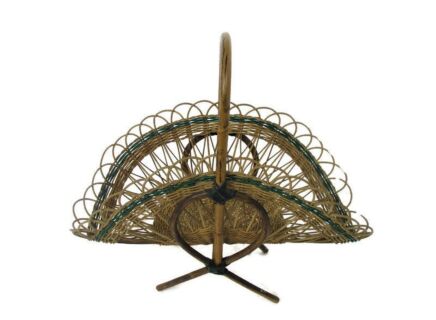 Vintage Rattan Wicker Magazine Newspaper Basket Rack Hobo Chick Barn Country