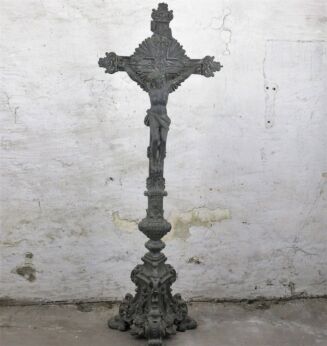 XXL Antique French Standing Altar Crucifix Ornate Spelter Claw Feet 43.30"