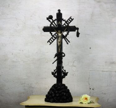Large Antique Hand Carved Dark Wood Church Altar Crucifix Tools of Passion 29"