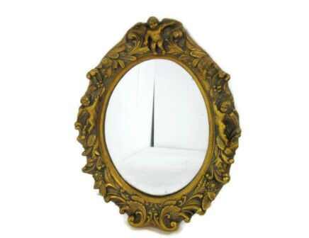 Ornate Angels Putti Oval Mirror Resin Gold Gilded Ornate Hollywood regency style Lovely