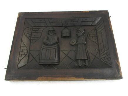 Breughel Scene Pub Serving Drinks Barrel Hand Carved Wood Wall Panel Bas High Relief Tableaux