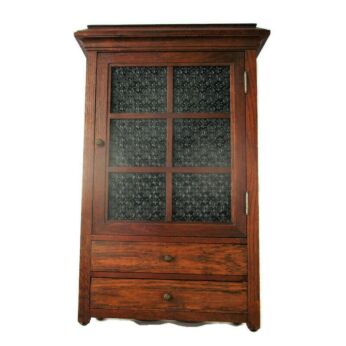 hand Carved Wood Medicine Apothecary Display Cabinet Blue Bubbled glass Door Oak