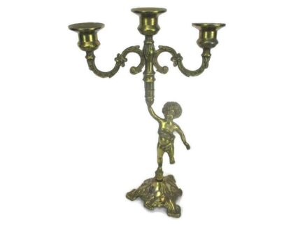 Vintage Embossed Brass Ornate Romantic Candle Holder Candelabra 3 arm Putti Cherub