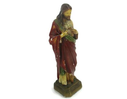 Statue Jesus Christ Savior Sacred Heart Holy Heart Plaster Antique