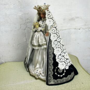 L Wax Madonna Virgin Mary Infant Jesus Figurine Doll Embroidery Relic Handmade