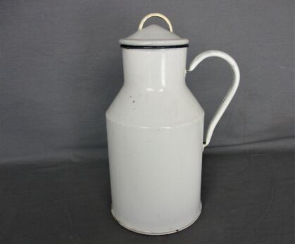 Antique Vintage Milk Jar Jug  Lidded Enamel Enameled Handle Barn Country house Authentic White
