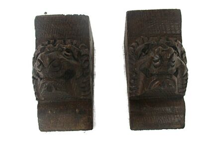 Antique Pair Corbels Hand Carved Wood Architectural reclaimed LIon Heads Trim