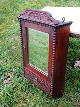 Vintage French Oak Display Medicine Cabinet Beveled Glass Apothecary Carved Wood