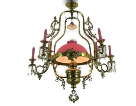 Art Nouveau Chandelier Lampe Belge Revival Opaline Shade 1 light Pink Shade
