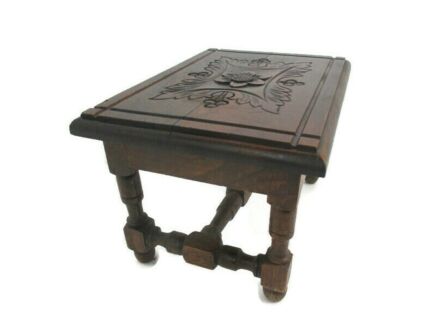 Small Miniature Side Occasional table pedestal Barn Country Farmhouse Style Ornate Carved wood France Antique