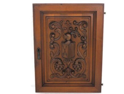 Antique hand Carved Wood Door Panel Reclaimed Architectural Middle ages Scene Knight Shield