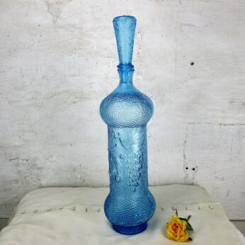 Vintage XL Blue Bubbled Glass Genie Bottle Stopper Decanter Grapes 21.65" WOW