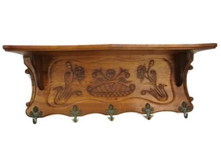 Large Vintage Hand Carved Wood Coat Hat Rack Ornate Flowers FLower Basket
