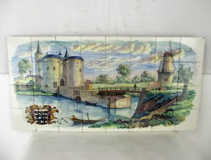 Vintage Large Tile Tableau Picture Mural Polychrome Old Bruges Shield Castle