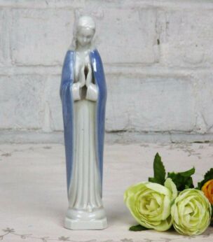 Virgin Mary Madonna Porcelain Statue Figurine Blue Robe Folded Hands Lovely