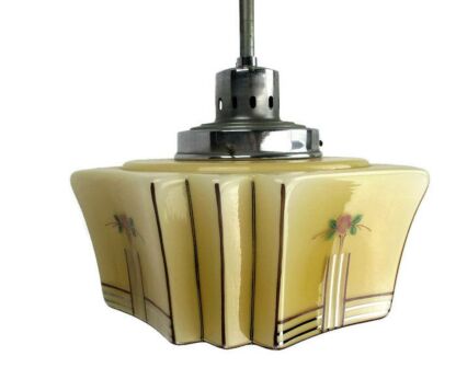Skyscraper Art Deco Opaline cased Glass Light Pendant Shade Molded Opaque Flower