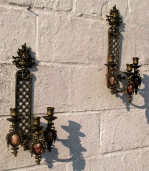 Pair French Brass Wall Sconces Candelabras Victorian Porcelain Limoges Sevres