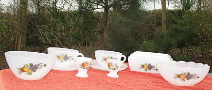 Vintage Arcopal France Breakfast Set Fruits de France egg cups Butter Dish Cup & Saucers Bowls