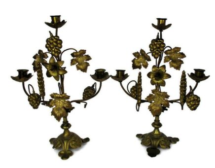 Couple Candle Holders Brass Lilies Grapes Religious Church Candelabra 3 arm HTF