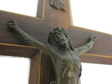 Hanging Ornate Crucifix Cross Wall Wood Inlay Bronze Corpus Lovely Vintage