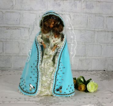 Hand Made Wax Madonna Virgin Mary Infant Jesus Figurine Heavenly Blue Coat