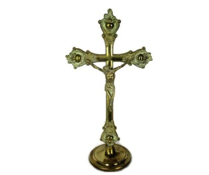 Small French Embossed Brass Standing Crucifix Ornate Lovely Jesus Christ 13.77"