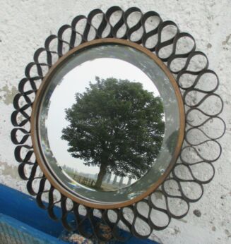 Lovely Starburst Sunburst Wrought Metal Wall Beveled Glass Mirror Mid Century