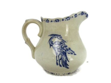 Antique Milk Jar Jug Blue White heron Flowers 1900s Extremely Rare Gorgeous