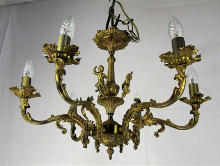 French Hollywood Regency Chandelier Light Ornate  6 arm Putti Angels Brass