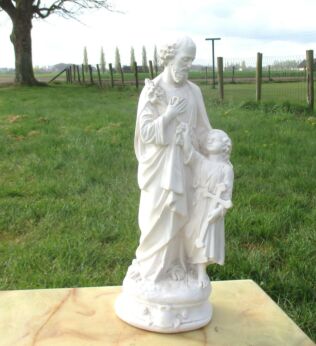 Antique Chalkware Saint Joseph Jesus Statuette White Plaster Child