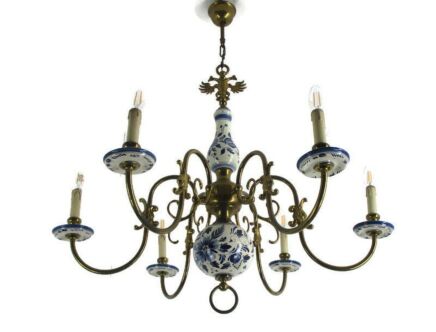 L Dutch Delft Blue White Chandelier Porcelain Ornate Brass 6 Light Arms Gorgeous