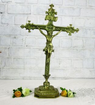 Large Antique Brass Altar Crucifix Christ Cross Fleur de Lis French Gorgeous 21"