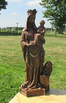 Large Antique Virgin Mary Madonna with Child Plaster Statuette Flanders Lion
