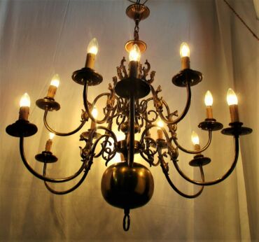 Vintage Flemish ' Dutch ' Double Chandelier 12 Arms Lights Fish Seahorses HTF