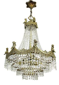 Hollywood Regency Chandelier Prisms 5 arm Putti Brass Waterfall Bag and tent