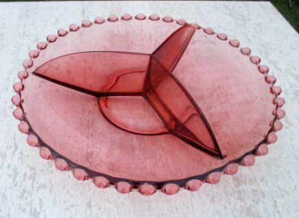 Candlewick Rim Depression Glass Cake Compote Apero Bowl Dish Divided Ruby Red