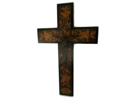 Large French hand Carved Etched Wood Inlay Style Hanging Crucifix Cross Jesus Christ Dedication Communion 1936