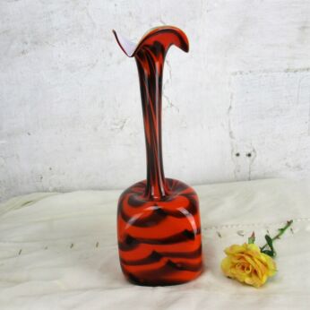 Vintage Square Cased Glass Orange Black Vase Art Glass tall Lovely Retro