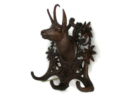 Black Forest Sculpture Figurine  Hat Coat Rack Hand Carved Deer Roe Buck Stag Glass Eyes